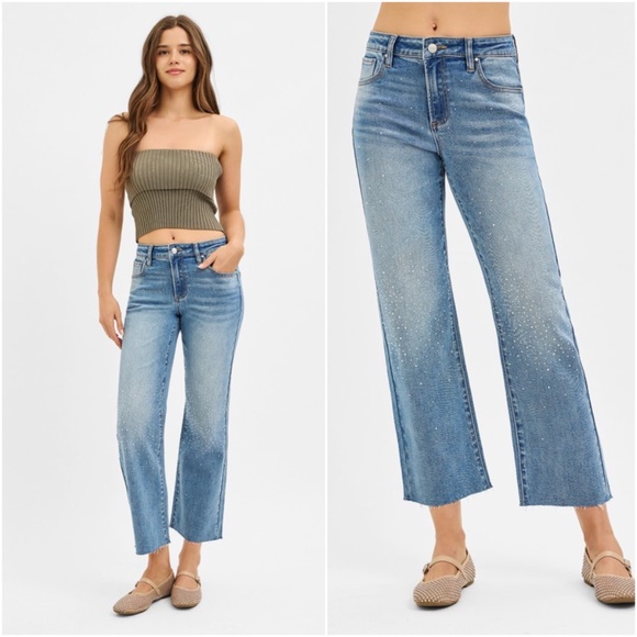 Medium Wash Rhinestone Detail Raw Hem Cropped Denim Jeans - Picture 3 of 3